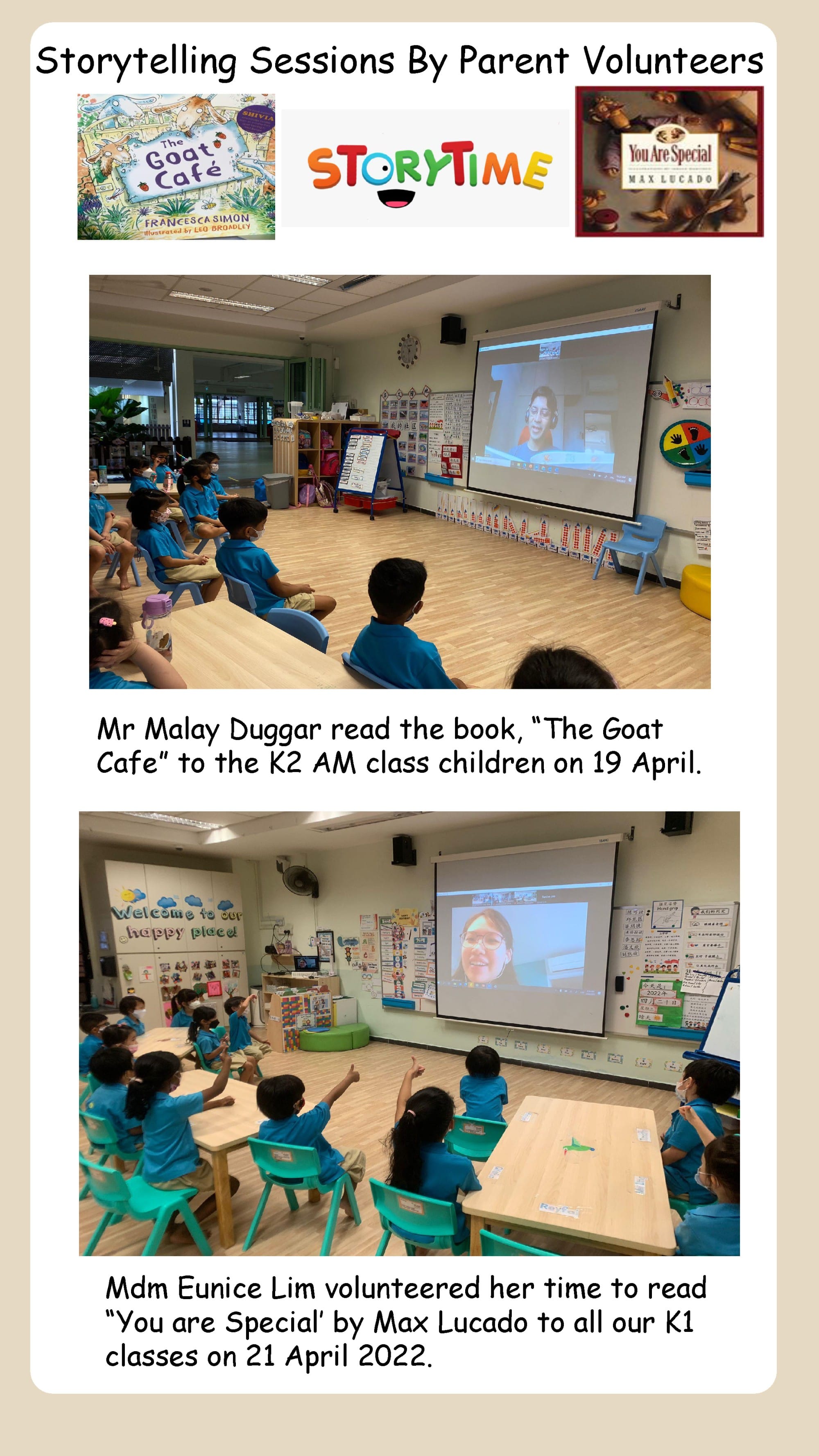 Children enjoy virtual storytelling sessions led by parent volunteers, listening to stories and interacting with readers online.